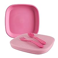 Re-Play -Made in USA - 5 Piece Toddler Feeding Set Flat Plate, Silicone Storage Lid, Utensils - Made from Environmentally Friendly Recycled Milk Jugs - Bright Pink