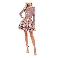 Womens Pink Glitter Lace Zippered Floral Long Sleeve Round Neck Short Party Fit + Flare Dress Juniors 1