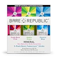 Bare Republic Neon Mineral Funscreen Sunscreen SPF 50 and Sunblock Sticks, Great for Concerts, Beach Days, and Kids, Variety Pack, 0.3 Oz Each, Packaging May Vary
