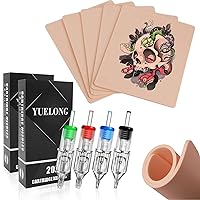 Yuelong 3MM Tattoo Skin Practice Kit - 10pcs Blank Tattoo Fake Skin and 40pcs Mixed 3RL 5RL 5RM 7RM for Beginners and Experienced Artists