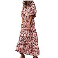 Women's Summer Casual Boho Maxi Dress Floral Print V-Neck Puff Sleeve Beach Tiered Sundress 3/4 Sleeve Long Swing Dress