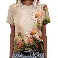 Women's Casual T-Shirt Floral Printed Fashion Loose Fit Tops Round Neck Short Sleeve Shirts Teen Girls Cute Blouses