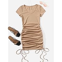 Summer Dresses for Women 2022 -Neck Drawstring Ruched Side Dress Dresses for Women (Color : Khaki, Size : X-Small)