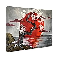 LamArts Japanese Crimson Moon and River Tree Wall Art Oil Cherry Blossom Tree Poster Sakura Paintings Giclee Modern Artwork Printed on Canvas for Bedroom Living Room Home Decorations Home Decor Inner Framed Pictures Ready to Hang