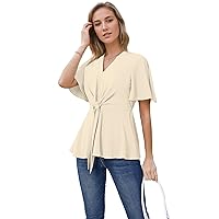 Womens Summer Blouse Tie Front Twist Casual Peplum Tops V Neck Ruffle Sleeve Shirt
