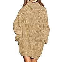 Pink Queen Women's Loose Turtleneck Oversize Long Pullover Sweater Dress Apricot L