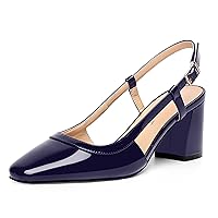 Womens Wedding Solid Slingback Square Toe Patent Dress Buckle Chunky Mid Heel Pumps Shoes 2.5 Inch