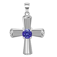 Christian Cross 925 Sterling Silver 5 MM The Round Natural Religious Gemstone Pendant (Tanzanite)