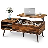 WLIVE Lift Top Coffee Table for Living Room,Small Mid Century Modern Coffee Table with Storage,Hidden Compartment and Adjustable Shelf, Wood,Retro Brown