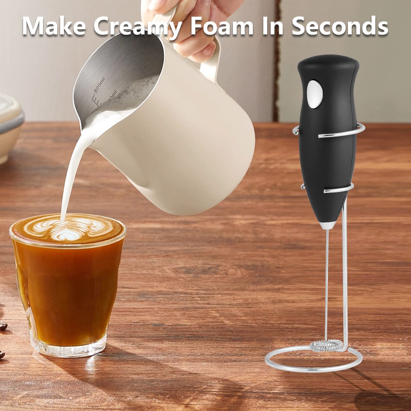 Milk Frother Handheld Coffee Mixer - Battery Operated Electric Foam Maker with Stainless Steel Stand, Portable Electric Frother for Coffee, Cappuccino, Latte, Matcha, Hot Chocolate (Black)
