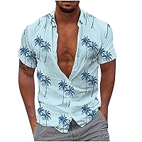 Mens Casual 4 Way Stretch Hawaiian Shirts Tropical Palm Tree Printed Short Sleeve Button Down Beach Shirt for Men