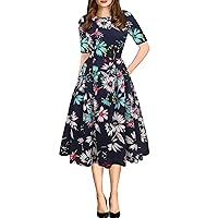 oxiuly Women's Vintage Patchwork Pockets Puffy Swing Casual Party Dress OX165