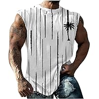 Mens Crewneck Workout Tank Tops, Stylish Striped Print Sleeveless Tee Shirt Muscle Fit Tank Tops Athletic T-Shirt