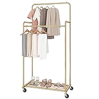 Double Rod Clothes Garment Rack, Heavy Duty Clothing Rolling Rack on Wheels for Hanging Clothes,with 4 Hooks, Gold