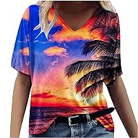 Warehouse Deals Clearance Women V Neck Tshirt Oversized Beach Palm Printing Tops Casual Trendy Workout Shirts 2024 Loose Fit Tunic Blouses Eyelet Blouses For Women