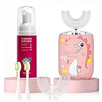 Kids U Shaped Electric Toothbrush, Toddler Toothbrush with 2 U-Shaped Brush Heads 2 Soft Replacements with Toothpaste Automatic Toothbrush Rechargeable,6 Cleaning Modes - Age8-15 Pink