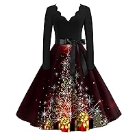 Women's Christmas Dresses 2023 Casual Fashion V-Neck Long Sleeve Printed Vintage Dresses Plus Size, S-2XL