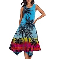 Womens Sun Dresses 2024 Summer Round Neck Sleeveless Hawaiian Print Irregular Hem Midi Dresses