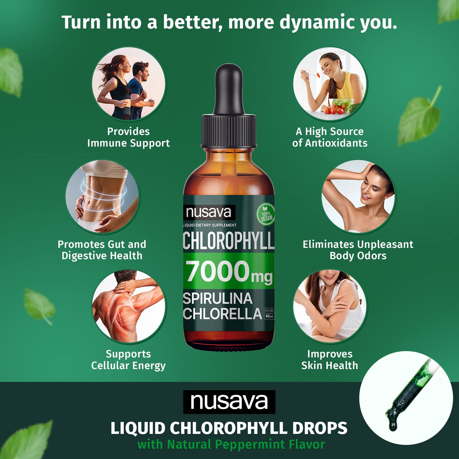 NUSAVA Unflavored D3 K2 Drops and Chlorophyll Liquid Drops Bundle - Potent Liquid Vitamins for Heart, Joint, Energy, & Immune Support - Non-GMO, Gluten-Free, 2pk Each