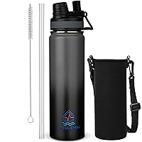 Insulated Water Bottle with Straw and Handle 22 oz-Stainless Steel Water Bottles with Straw, Dual Cap Function & Sleeve, Keeps Drinks Hot Up to 12 Hours & Cold Up to 24 Hours (Rock)