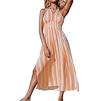 CUPSHE Women's Halter V Neck Ruched O Ring Elastic Waist Backless Maxi Dress