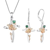 YL Cross Pendant Necklace 925 Sterling Silver Flower Rose Crucifix Dangle Earrings Created Emerald Criss Jewelry for Women