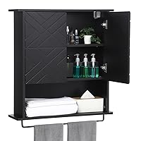 Medicine Cabinet with Two Door, Wood Wall Mounted Bathroom Storage Cabinet with Adjustable Shelf and Towel Bar, 2-Tier Cabinet for Bathroom Living Room Laundry Room Kitchen, Black