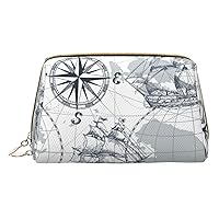 Boat Map Print Leather Portable Cosmetic Bag, Portable Cosmetic Clutch Bag, Leather Cosmetic Bag (Small)