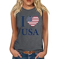 I Love USA Letter Tank Tops Women’s 4th of July Patriotic Shirts Funny Heart American Flag Sleeveless Casual T-Shirt