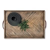 Medium Ottoman Wood Serving Tray- with Leather Handle Decorative Wooden 24 * 16 * 1.5 Inches Square Serving Tray Best for Coffee Table, Living Room and Kitchen