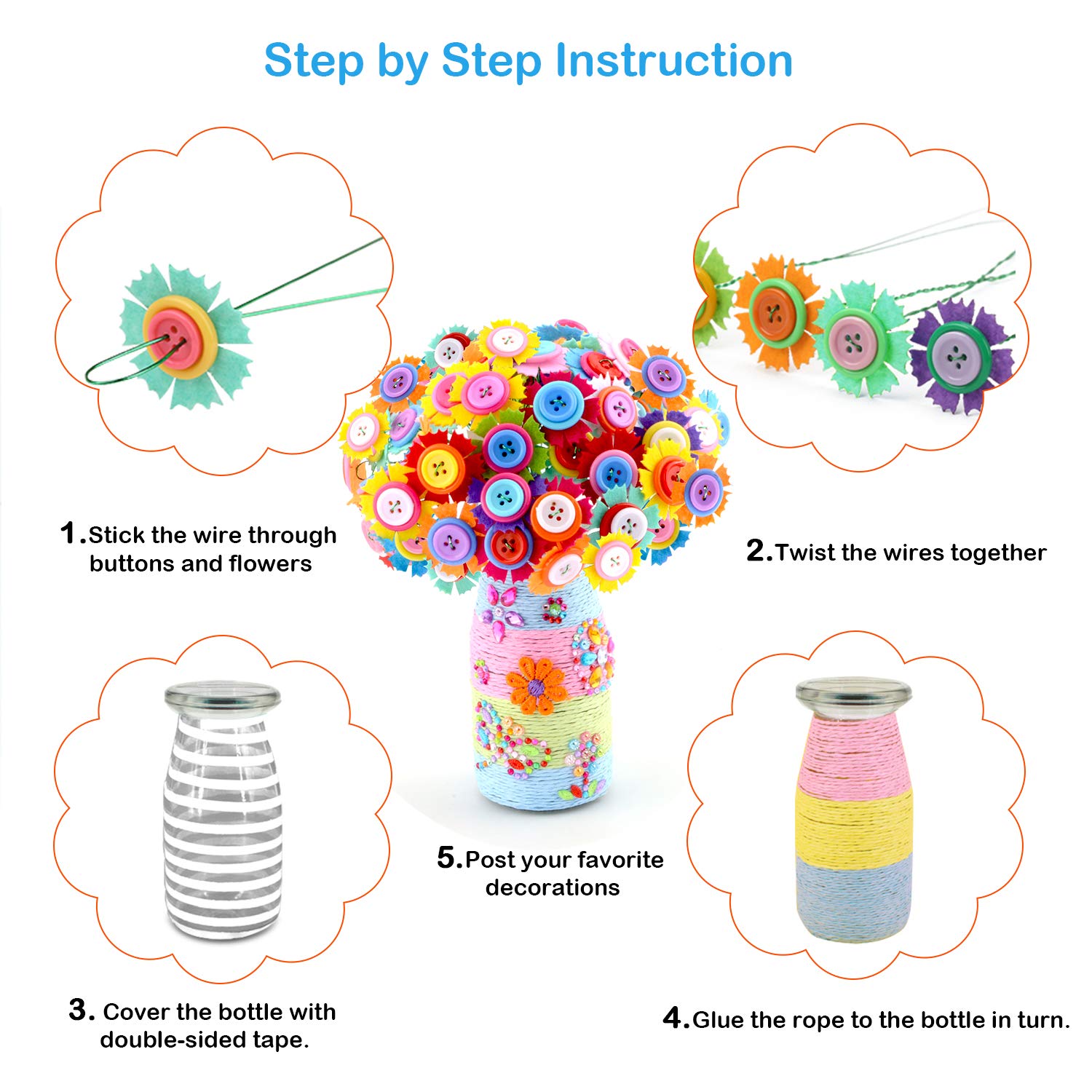 HULASO Crafts for Girls Ages 4-12 Gift Make Your Own Flower Bouquet with Buttons Felt Flowers, Vase Art and Craft for Children - DIY Activity for Boys & Girls Age 6 7 8 9 10 11 12 Year Old