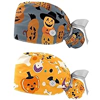 Scrub Cap Women, 2 Packs Halloween Ghost Pattern Bouffant Hat with Ponytail Pouch, Cotton Working Hat Sweatband