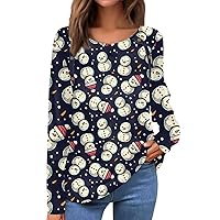 Women's Fall Tops Fashion Casual Round Neck Long Sleeve Christmas Print Button Decorated T-Shirt Top Tops, S-3XL