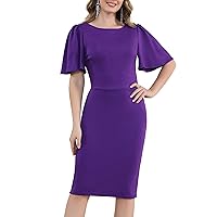 Aphratti Women's Elegant Fitted Work Sheath Dress Classic Ruffled Short Sleeve Midi Bodycon Dresses