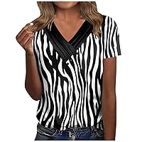 Dressy Blouses for Women V Neck Button Down Short Sleeve T-Shirt Trendy Striped Floral Print Tops Loose Fit Tunic