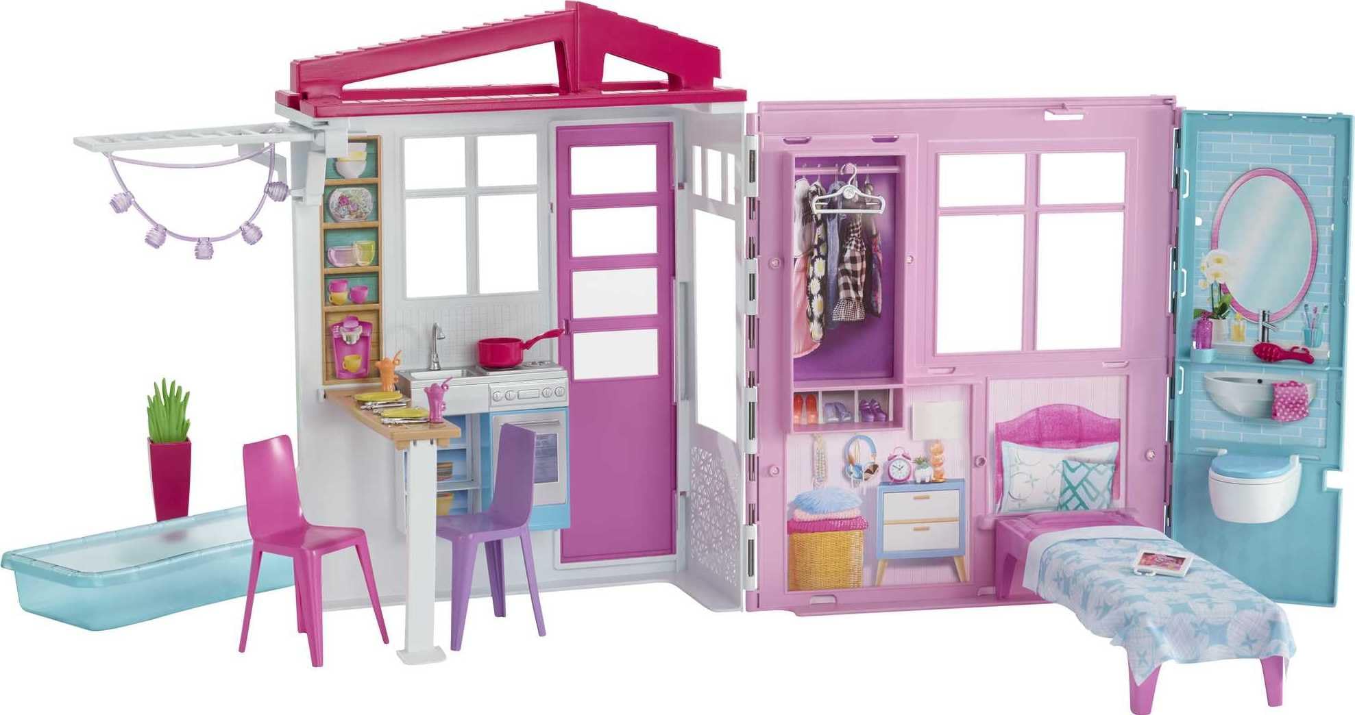 Barbie Doll House, Portable Playset with Carrying Handle and Accessories, Kitchen, Bedroom, Bathroom and Patio Pool (Amazon Exclusive)