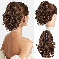 Ponytail Extensions,10 inch Short Claw Clip on Ponytail Extensions Chestnut Brown Synthetic Curly Wavy Pony Tails Hairpieces for Women Daily