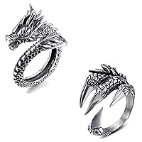 2 Pcs Vintage Punk Rock Chinese Dragon Ring and Dragon Claw Ring for Men Women Vintage Rings Set Gothic Alloy Open Adjustable