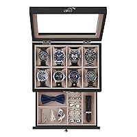 SONGMICS 8-Slot Watch Box, Christmas Gifts, 2-Tier Watch Display Case with Large Glass Lid, Removable Watch Pillows, Velvet Lining, Jewelry Box, Gift Idea, Ebony Black UJOW008B01