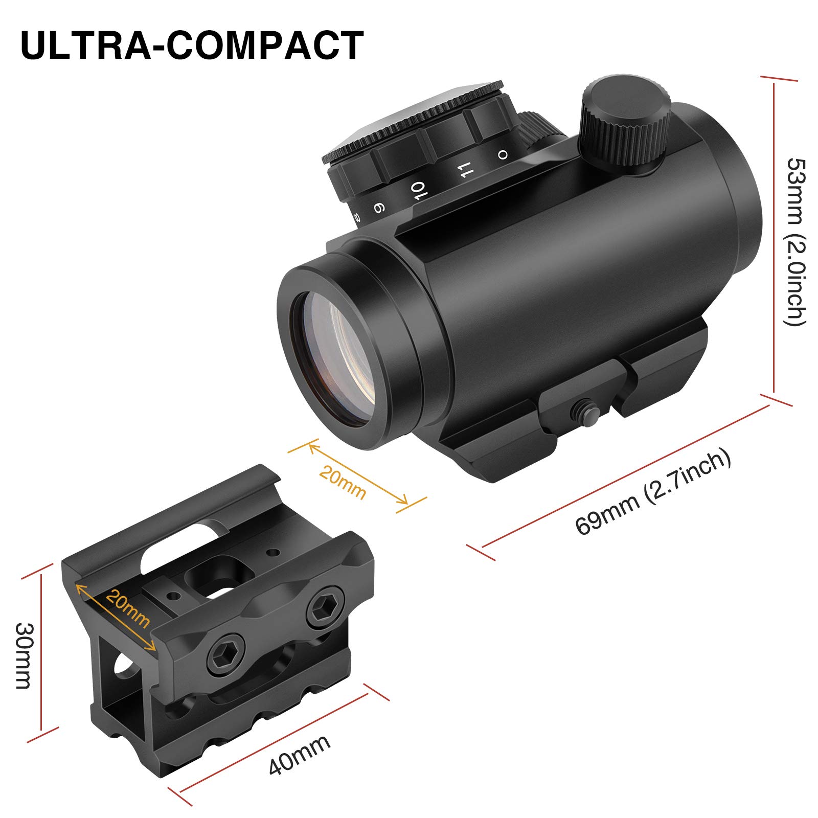 MidTen 2MOA Micro Red Dot Sight 1x25mm Reflex Sight Waterproof & Shockproof & Fog-Proof Red Dot Scope with 1 inch Riser Mount