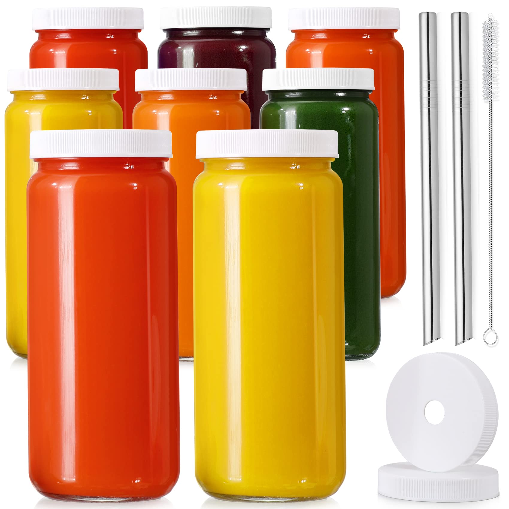 Mua [ 8 Pack ] 16 OZ Glass Juicing Bottles w Airtight Lids & 2 Straws & 2  Lids w Hole - Reusable Drinking Jars, Travel Water Cups - Tall Mason Jar