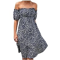 Floral Printed Off The Shoulder Dresses for Women Summer Puff Short Sleeve Smocked Midi Dress Casual Ruffle Hem Flowy Dress