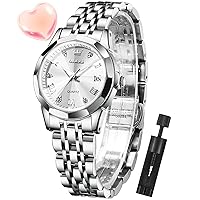 OLEVS Silver Women's Analogue Quartz Diamond Fashion Elegant Stainless Steel Two Tone Day Date Waterproof Luminous Wrist Watch