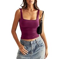 Womens Square Neck Double Lined Tank Tops Low Back Fitted Sleeveless Tops