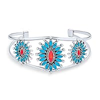 Personalize South Western Navajo Style Red Orange Coral Turquoise Zuni Needlepoint Jewelry Cluster Flower Blossom Statement Necklace or Wide Cuff Bracelet For Women .925 Sterling Silver Customizable