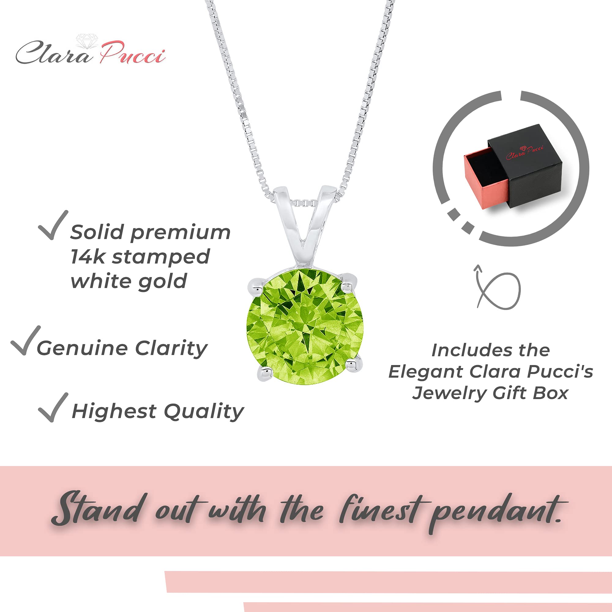 Clara Pucci 3.0 ct Brilliant Round Cut Designer Genuine Natural Green Peridot Jewelry VVS1 Solitaire Pendant August Birthstone Necklace for Women with 16