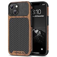 TENDLIN Compatible with iPhone 14 Case Wood Grain with Carbon Fiber Texture Design Leather Hybrid Slim Case Black