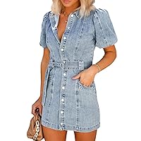 Women's Casual Puff Sleeves Button Down Denim Dress Belts Patchwork Washed Short Jean Dress with Pockets