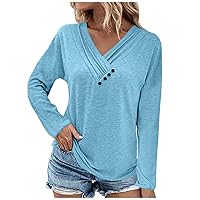 Women's Tops and Blouses Fashion Casual Solid Color Chest Panel Ruched Button V Neck Long Sleeve Top, S-3XL