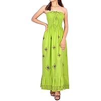 LA LEELA Women's Beach Summer Solid Smocked Maxi Evening Frill Dress Casual Tube Top Strapless Dresses for Women One Size Lime, Floral